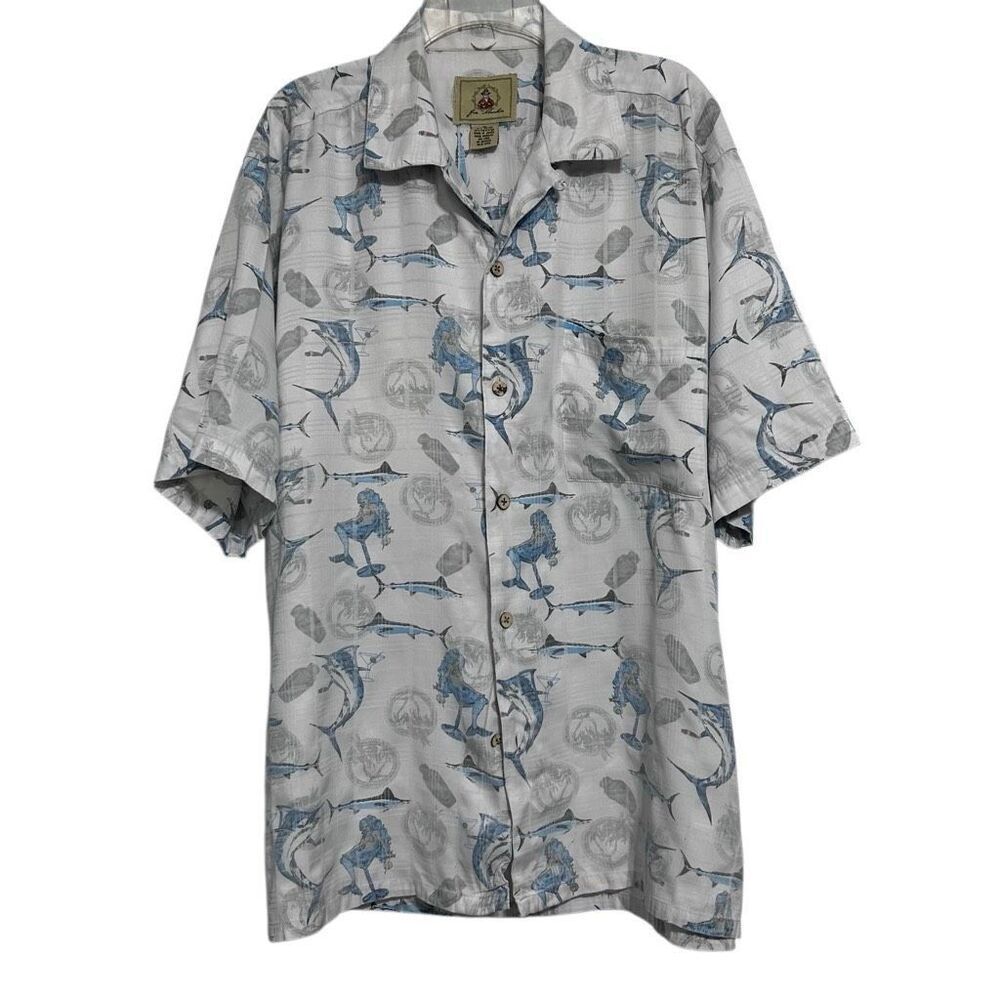 Joe Marlin Shirt Mens XL Gray Blue Marlin Mermaid Print Short Sleeve Button Down